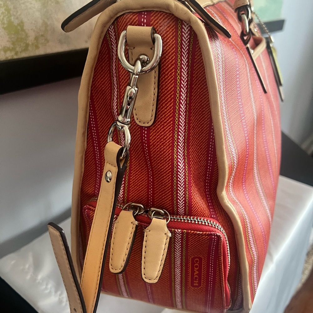 Coach Large Orange Pink White Striped Vinyl and Leather Travel or Diaper Bag - Picture 6 of 10